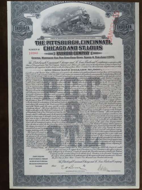 1920 Pittsburgh Cincinnati Chicago and St Louis Railroad Company, $1000 Gold Bond Certificate 10980
