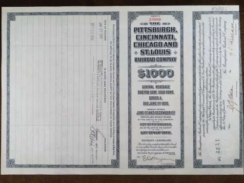 1920 Pittsburgh Cincinnati Chicago and St Louis Railroad Company, $1000 Gold Bond Certificate 10980