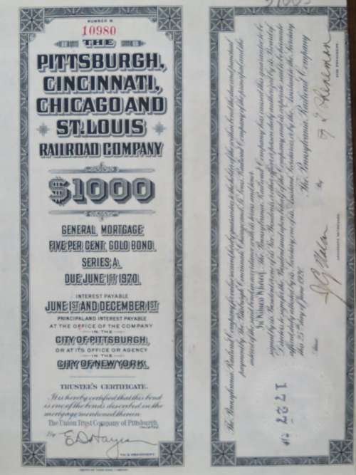 1920 Pittsburgh Cincinnati Chicago and St Louis Railroad Company, $1000 Gold Bond Certificate 10980