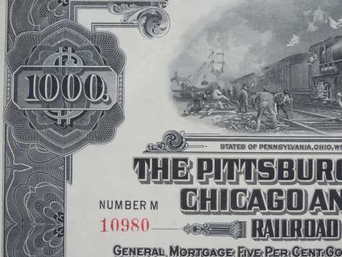 1920 Pittsburgh Cincinnati Chicago and St Louis Railroad Company, $1000 Gold Bond Certificate 10980