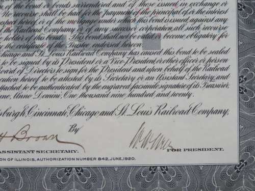 1920 Pittsburgh Cincinnati Chicago and St Louis Railroad Company, $1000 Gold Bond Certificate 10980