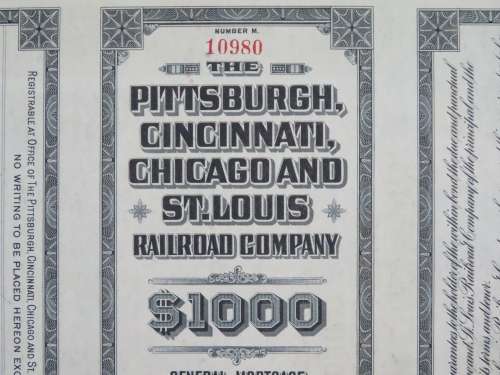 1920 Pittsburgh Cincinnati Chicago and St Louis Railroad Company, $1000 Gold Bond Certificate 10980