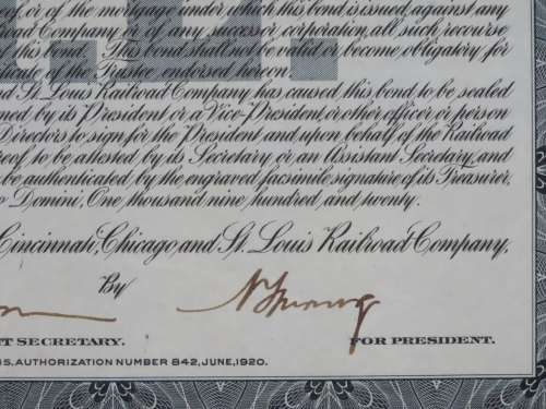 1920 Pittsburgh Cincinnati Chicago and St Louis Railroad Company, $1000 Gold Bond Certificate 10211