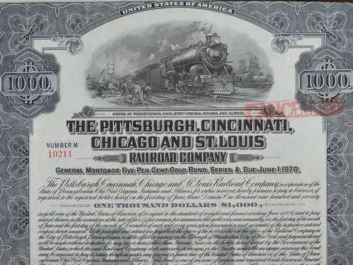 1920 Pittsburgh Cincinnati Chicago and St Louis Railroad Company, $1000 Gold Bond Certificate 10211
