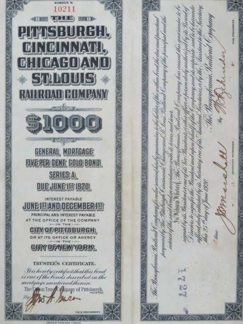 1920 Pittsburgh Cincinnati Chicago and St Louis Railroad Company, $1000 Gold Bond Certificate 10211