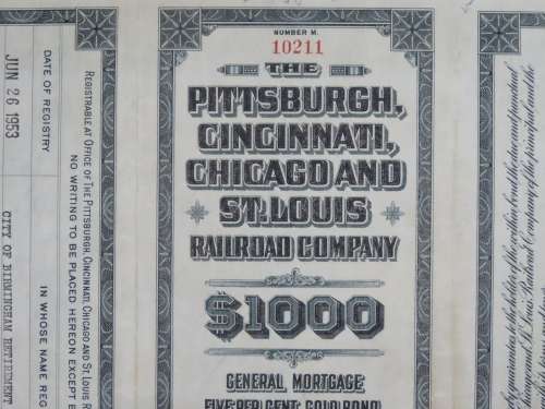 1920 Pittsburgh Cincinnati Chicago and St Louis Railroad Company, $1000 Gold Bond Certificate 10211