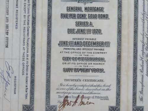 1920 Pittsburgh Cincinnati Chicago and St Louis Railroad Company, $1000 Gold Bond Certificate 10211