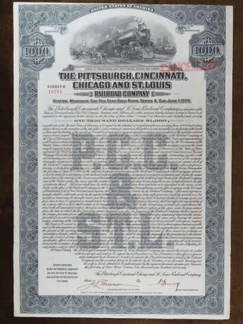 1920 Pittsburgh Cincinnati Chicago and St Louis Railroad Company, $1000 Gold Bond Certificate 10211