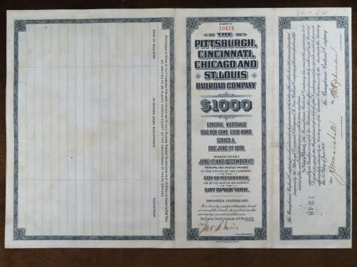 1920 Pittsburgh Cincinnati Chicago and St Louis Railroad Company, $1000 Gold Bond Certificate 10424