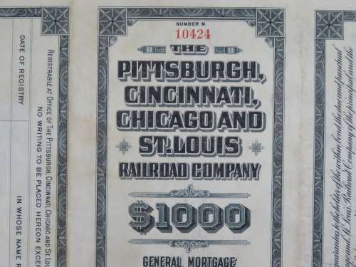 1920 Pittsburgh Cincinnati Chicago and St Louis Railroad Company, $1000 Gold Bond Certificate 10424