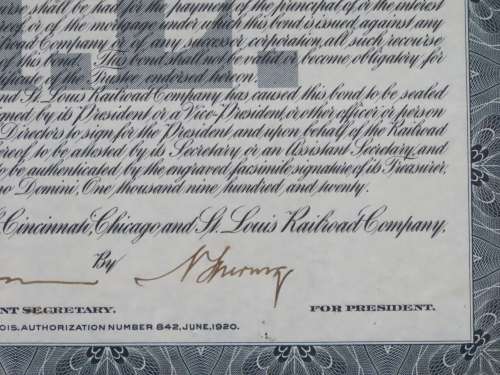 1920 Pittsburgh Cincinnati Chicago and St Louis Railroad Company, $1000 Gold Bond Certificate 10378