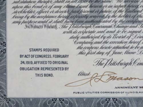 1920 Pittsburgh Cincinnati Chicago and St Louis Railroad Company, $1000 Gold Bond Certificate 10378