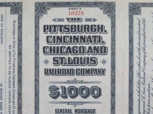 1920 Pittsburgh Cincinnati Chicago and St Louis Railroad Company, $1000 Gold Bond Certificate 10378
