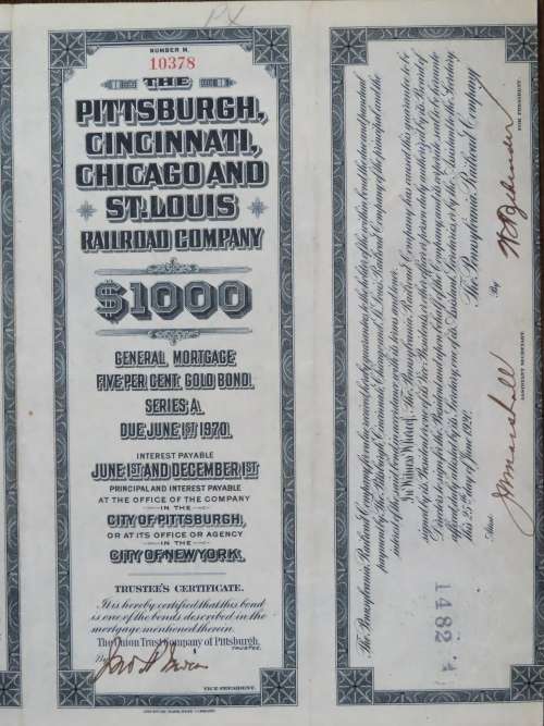 1920 Pittsburgh Cincinnati Chicago and St Louis Railroad Company, $1000 Gold Bond Certificate 10378