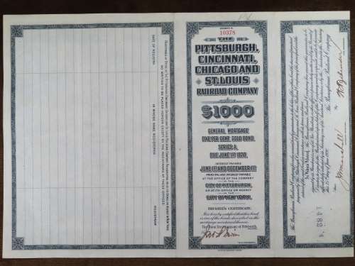 1920 Pittsburgh Cincinnati Chicago and St Louis Railroad Company, $1000 Gold Bond Certificate 10378
