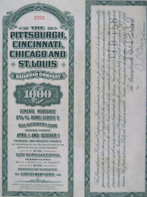 1944 Pittsburgh Cincinnati Chicago and St Louis Railroad Company, $1000 Bond Certificate 3703