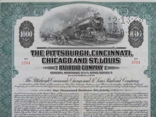 1944 Pittsburgh Cincinnati Chicago and St Louis Railroad Company, $1000 Bond Certificate 3704