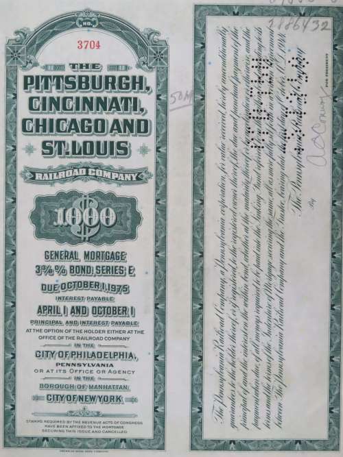 1944 Pittsburgh Cincinnati Chicago and St Louis Railroad Company, $1000 Bond Certificate 3704