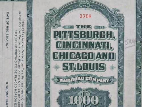 1944 Pittsburgh Cincinnati Chicago and St Louis Railroad Company, $1000 Bond Certificate 3704