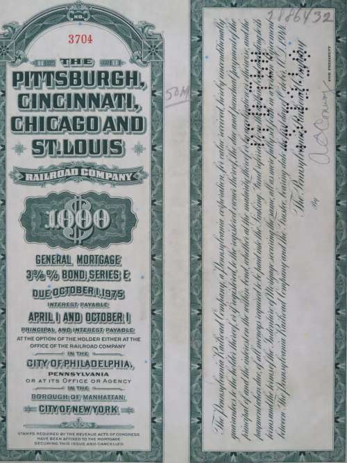 1944 Pittsburgh Cincinnati Chicago and St Louis Railroad Company, $1000 Bond Certificate 3704