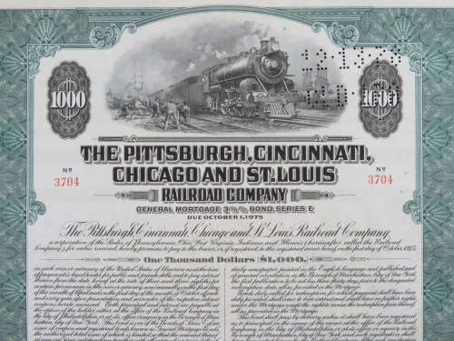 1944 Pittsburgh Cincinnati Chicago and St Louis Railroad Company, $1000 Bond Certificate 3704