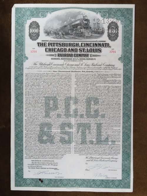 1944 Pittsburgh Cincinnati Chicago and St Louis Railroad Company, $1000 Bond Certificate 3704