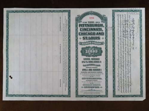 1944 Pittsburgh Cincinnati Chicago and St Louis Railroad Company, $1000 Bond Certificate 3704
