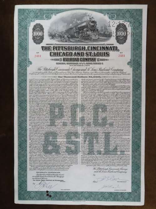 1944 Pittsburgh Cincinnati Chicago and St Louis Railroad Company, $1000 Bond Certificate 2461