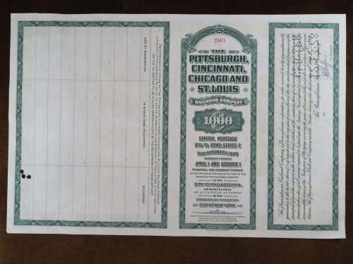 1944 Pittsburgh Cincinnati Chicago and St Louis Railroad Company, $1000 Bond Certificate 2461