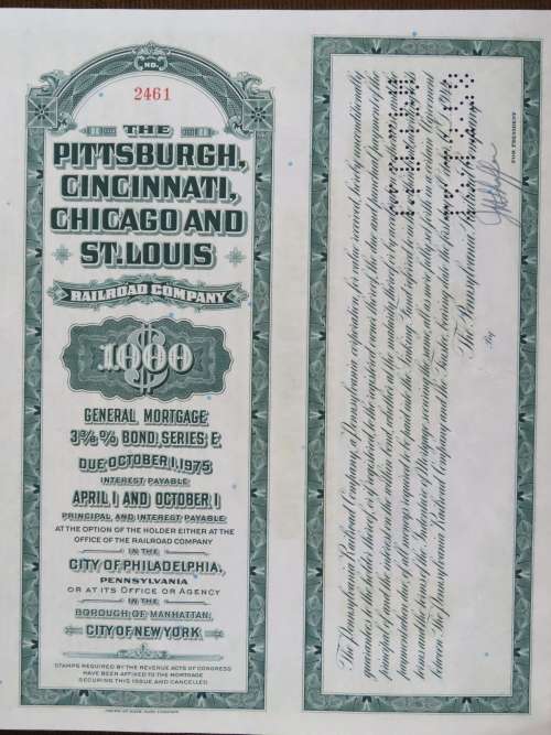 1944 Pittsburgh Cincinnati Chicago and St Louis Railroad Company, $1000 Bond Certificate 2461