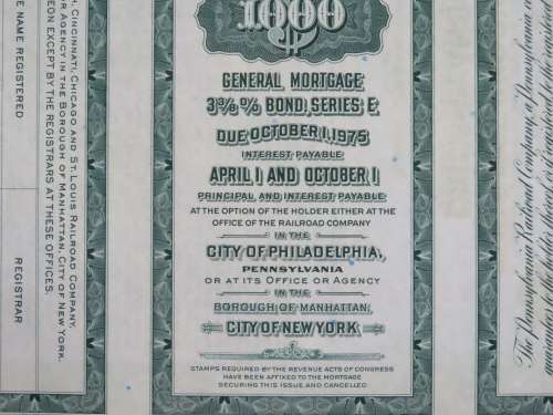 1944 Pittsburgh Cincinnati Chicago and St Louis Railroad Company, $1000 Bond Certificate 2461