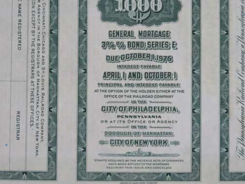 1944 Pittsburgh Cincinnati Chicago and St Louis Railroad Company, $1000 Bond Certificate 2462