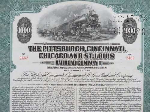 1944 Pittsburgh Cincinnati Chicago and St Louis Railroad Company, $1000 Bond Certificate 2462