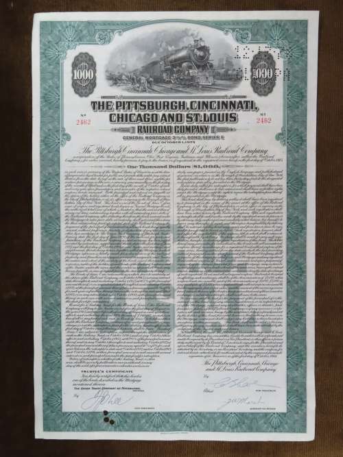1944 Pittsburgh Cincinnati Chicago and St Louis Railroad Company, $1000 Bond Certificate 2462