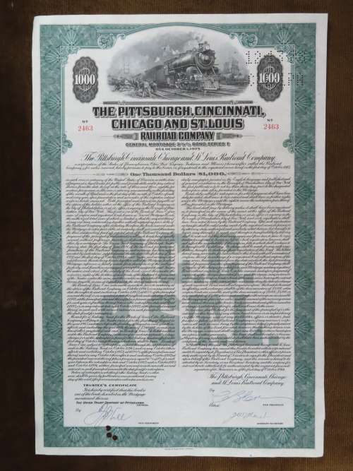 1944 Pittsburgh Cincinnati Chicago and St Louis Railroad Company, $1000 Bond Certificate 2463