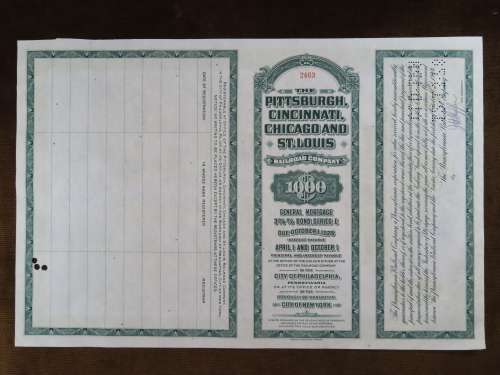 1944 Pittsburgh Cincinnati Chicago and St Louis Railroad Company, $1000 Bond Certificate 2463
