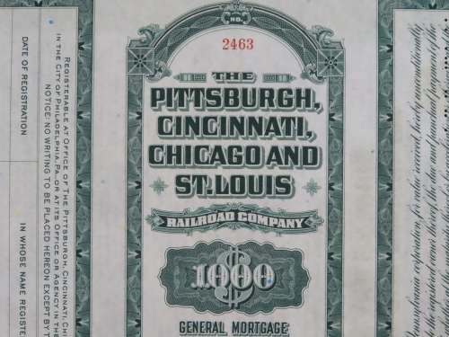1944 Pittsburgh Cincinnati Chicago and St Louis Railroad Company, $1000 Bond Certificate 2463