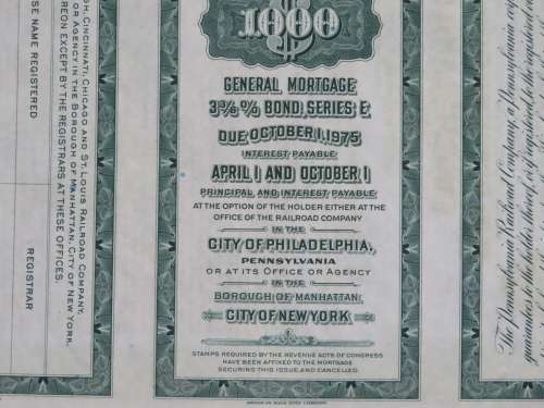 1944 Pittsburgh Cincinnati Chicago and St Louis Railroad Company, $1000 Bond Certificate 2463
