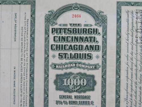 1944 Pittsburgh Cincinnati Chicago and St Louis Railroad Company, $1000 Bond Certificate 2464