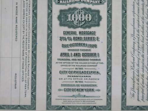 1944 Pittsburgh Cincinnati Chicago and St Louis Railroad Company, $1000 Bond Certificate 2464