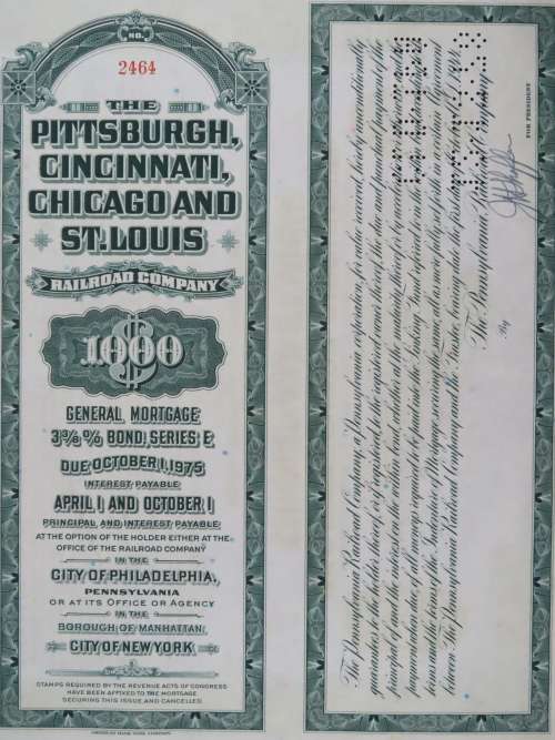 1944 Pittsburgh Cincinnati Chicago and St Louis Railroad Company, $1000 Bond Certificate 2464
