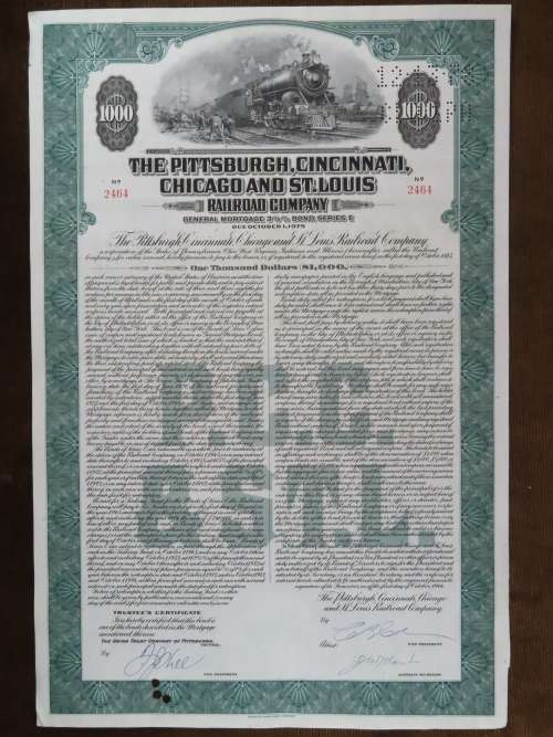 1944 Pittsburgh Cincinnati Chicago and St Louis Railroad Company, $1000 Bond Certificate 2464