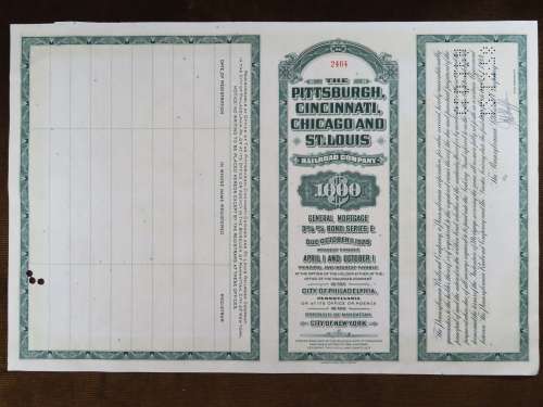 1944 Pittsburgh Cincinnati Chicago and St Louis Railroad Company, $1000 Bond Certificate 2464