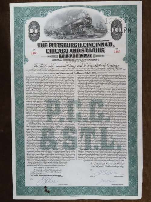 1944 Pittsburgh Cincinnati Chicago and St Louis Railroad Company, $1000 Bond Certificate 2465