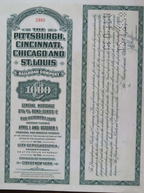 1944 Pittsburgh Cincinnati Chicago and St Louis Railroad Company, $1000 Bond Certificate 2465
