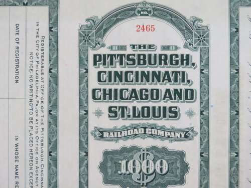 1944 Pittsburgh Cincinnati Chicago and St Louis Railroad Company, $1000 Bond Certificate 2465