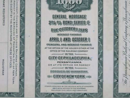1944 Pittsburgh Cincinnati Chicago and St Louis Railroad Company, $1000 Bond Certificate 2465