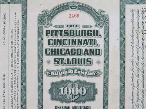 1944 Pittsburgh Cincinnati Chicago and St Louis Railroad Company, $1000 Bond Certificate 2466