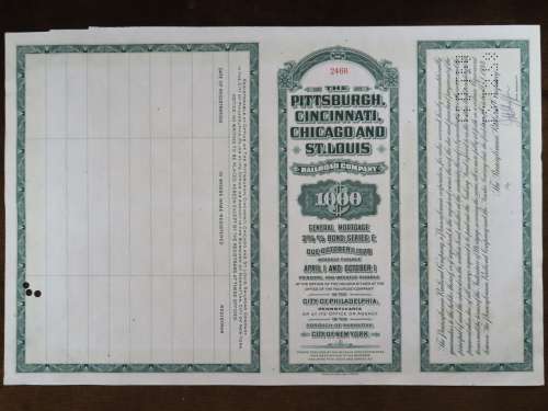 1944 Pittsburgh Cincinnati Chicago and St Louis Railroad Company, $1000 Bond Certificate 2466