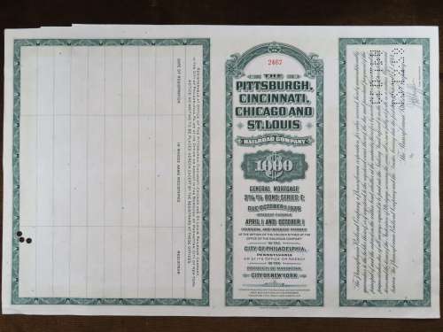 1944 Pittsburgh Cincinnati Chicago and St Louis Railroad Company, $1000 Bond Certificate 2467